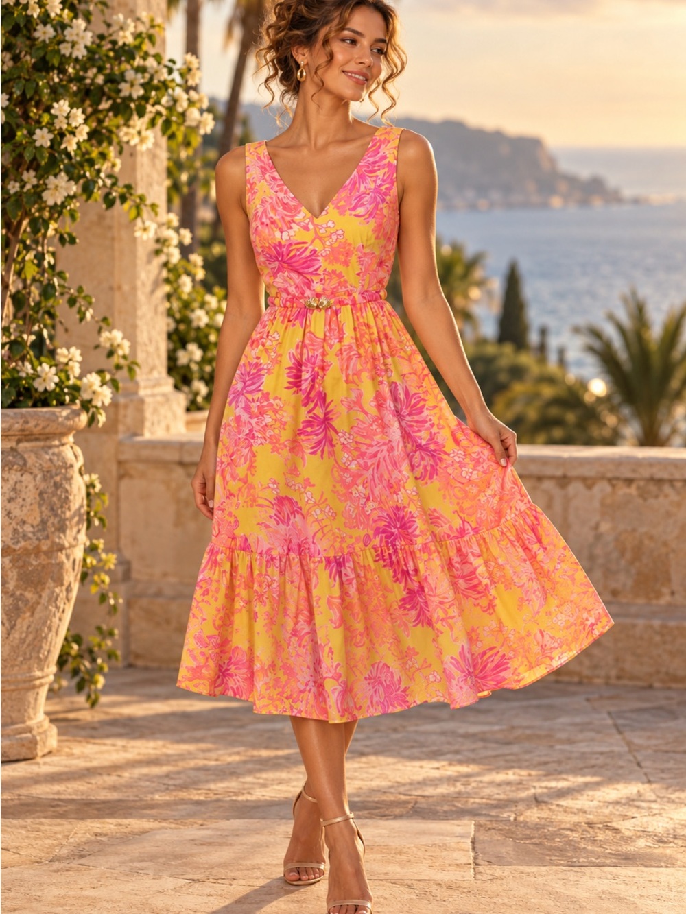 Lilly Pulitzer Yellow Midi Dress with Pink Floral Print bri Sz 4